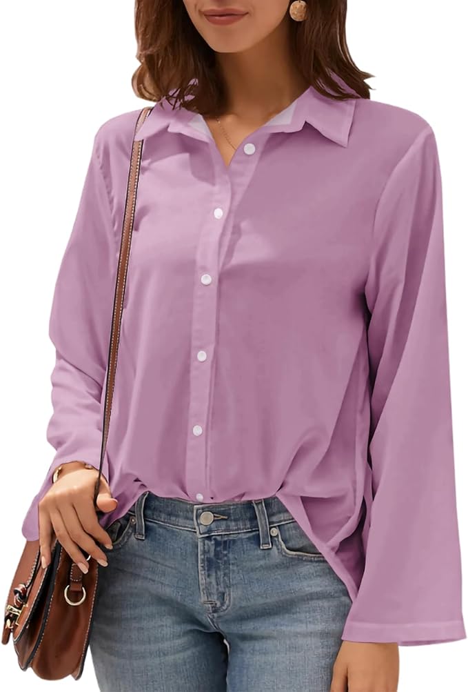 Womens Classic Shirts Casual Button Solid Color Long Sleeve Work Blouse Collared Relaxed Fit Summer Tops