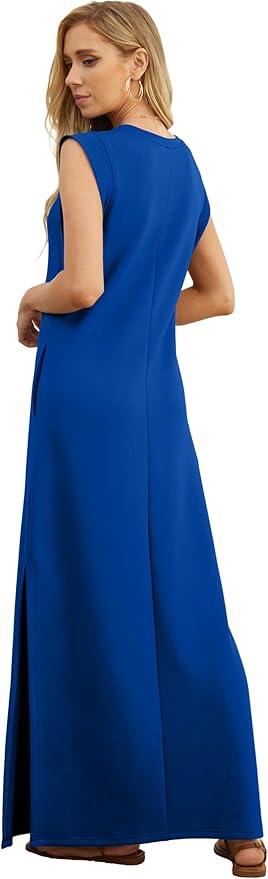GRECERELLE 2026 Women Year-Round Casual Round Neck Loose Split Wrinkle-Free Long Maxi Vacation Dress with Pockets (XXS-4XL)