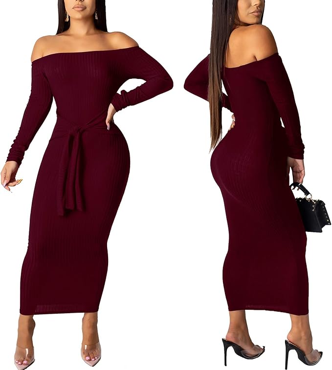 SheKiss Women's Off Shoulder Long Sleeves Bodycon Sweater Dress Sexy Knit Slim Cardigans
