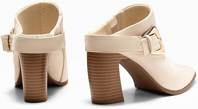 Coutgo Womens Mules Boots Chunky Stacked Heel Pointed Toe Booties Slip On Dress Boot Shoes with Buckle Decoration