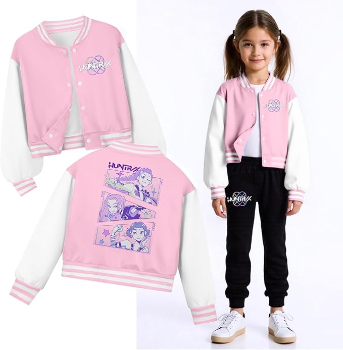 K PopGirls Kpop Tracksuit Cute Cartoon Print Baseball Coats Fashion Long Sleeve Jackets and Pants Christmas Costume Set