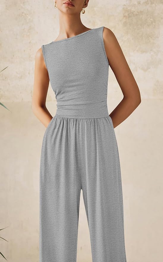 PRETTYGARDEN One Piece Jumpsuits for Women Dressy Casual Sleeveless Crewneck Wide Leg Rompers Jumpers Vacation Summer Outfits