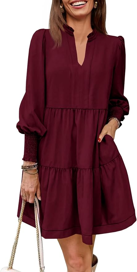 Imily Bela Womens Fall Long Sleeve Tunic Dress Casual V Neck Loose Ruffle Tiered Dress