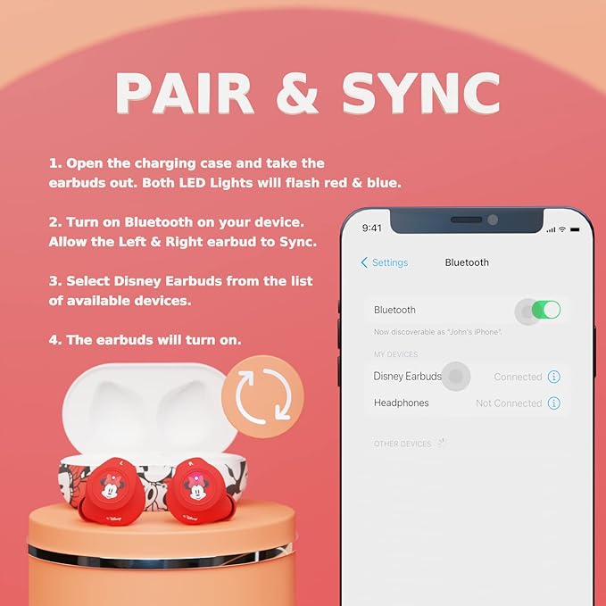 Disney Minnie Mouse Bluetooth Earbuds with Charging Case- Bluetooth Wireless Headset with Built-in Mic and 30 Hours of Playtime- Minnie Mouse Gifts for Women, Men and All Fans of Disney Gifts