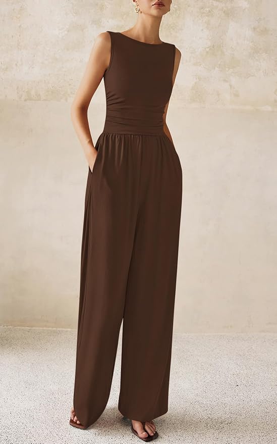 PRETTYGARDEN One Piece Jumpsuits for Women Dressy Casual Sleeveless Crewneck Wide Leg Rompers Jumpers Vacation Summer Outfits