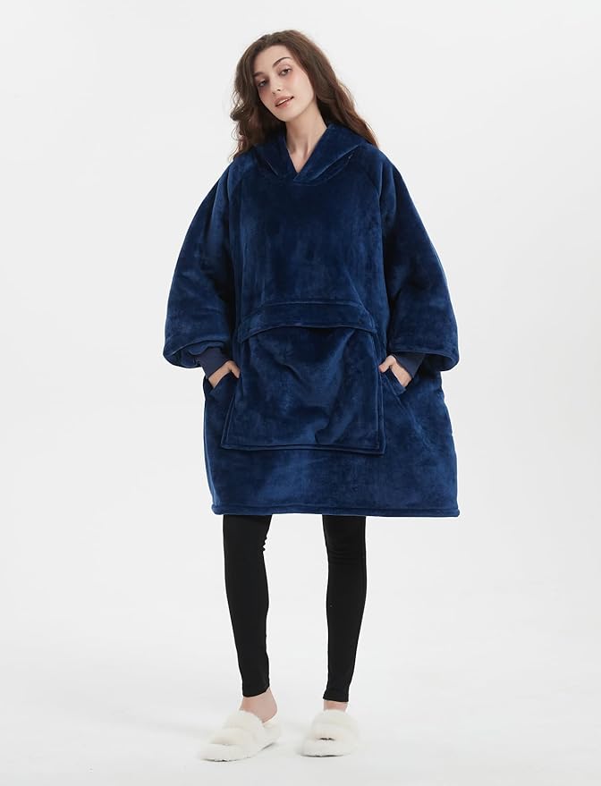 KFUBUO Wearable Blanket Hoodie for Adults Sherpa All Patterns Oversized Sweatshirt Blanket with Pockets Gifts for Mom Navy