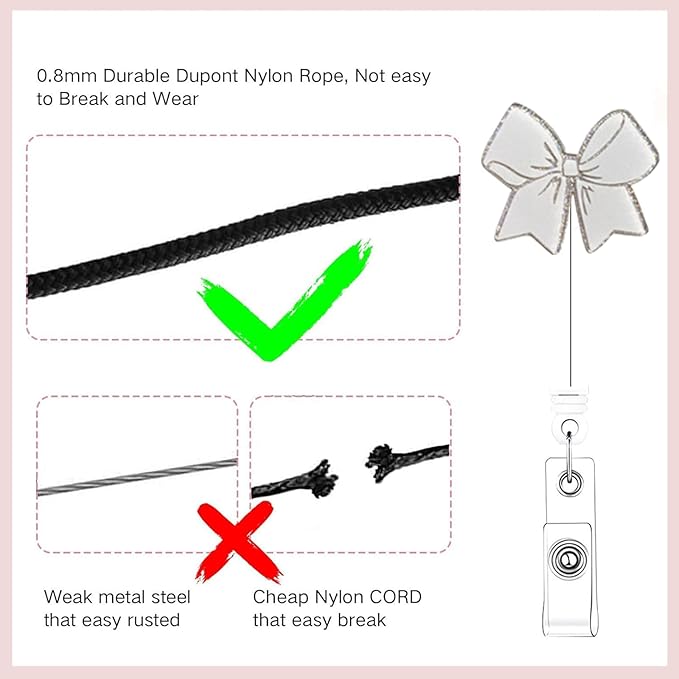 2 Pcs Pink Bow Badge Reel - Retractable ID Holder with Alligator Clip& Nylon Cord | AcrylicClip for Nurse Nurses Office Worker Teacher Student