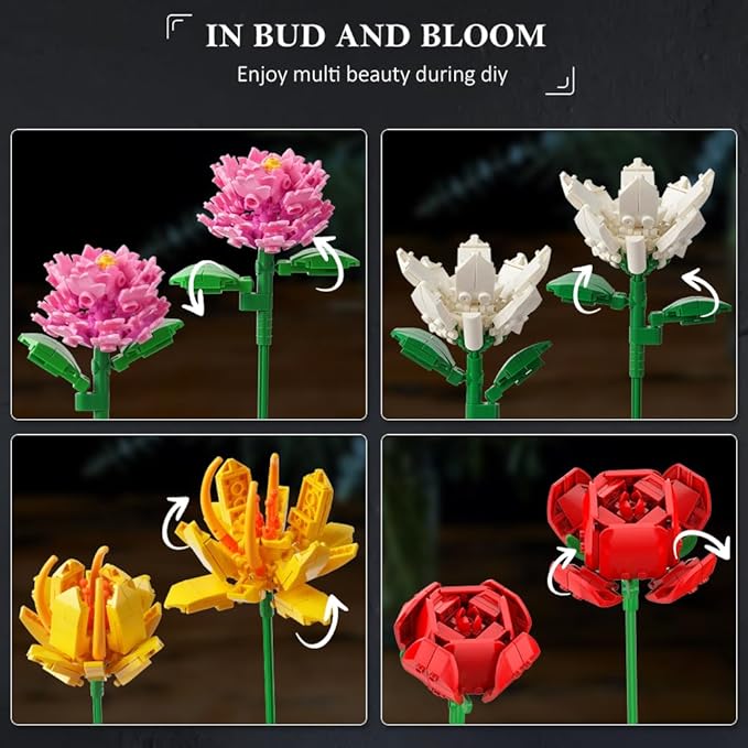 HOGOKIDS Flower Bouquet Set for Adults - Valentine 1461PCS Artificial Flowers Botanical Collection | 18 Sticks Decorative Home Plant Bouquet | Creative DIY Gift for Wife Girlfriend Mom Women Men