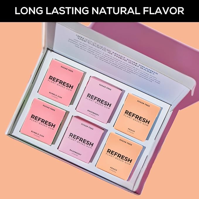 Refresh Gum, Sugar Free, Natural, Xylitol, Long Lasting Chewing Gum, Natural Flavors, Organic Ingredients, Plastic Free, Non GMO, Gluten Free, Vegan (12 Count (Pack of 6), Fruit Variety)