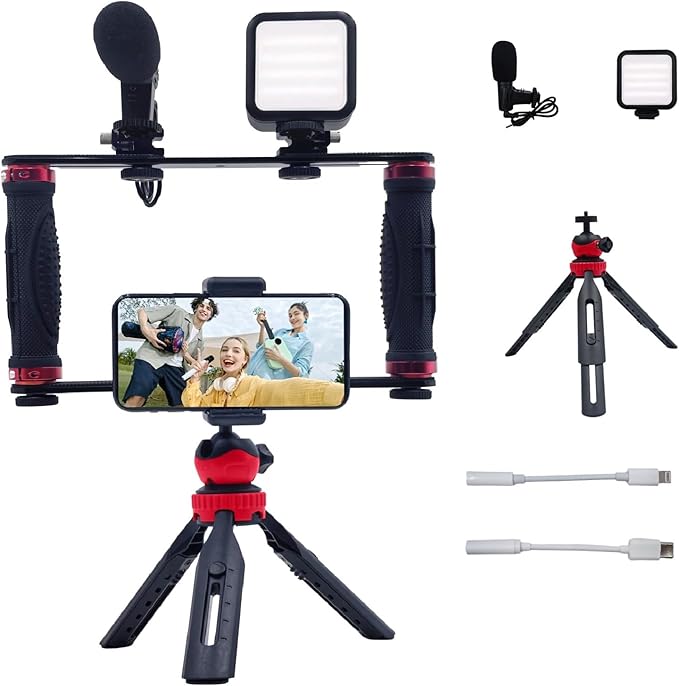 Vlogging Kit for iPhone Android Accessories, with Phone Mount, Tripod, LED Light, Microphone to One-Hand Operate Video Calling, Vlogging, YouTube, Instagram, Tiktok (Meta Black)