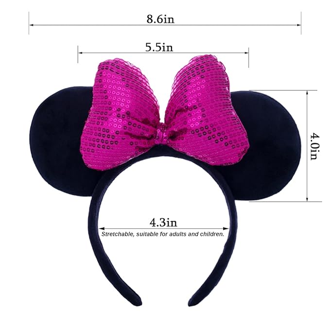 CHuangQi 1pcs Mouse Ears Shiny Headband with 3D Bow Hair Band Double-sided Sequin Bow for Birthday Party or Amusement Park (3D RoseredBow)