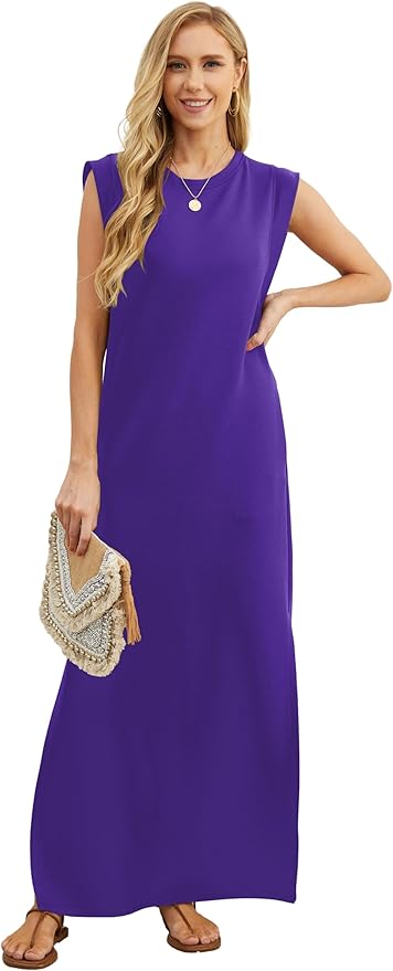 GRECERELLE 2026 Women Year-Round Casual Round Neck Loose Split Wrinkle-Free Long Maxi Vacation Dress with Pockets (XXS-4XL)