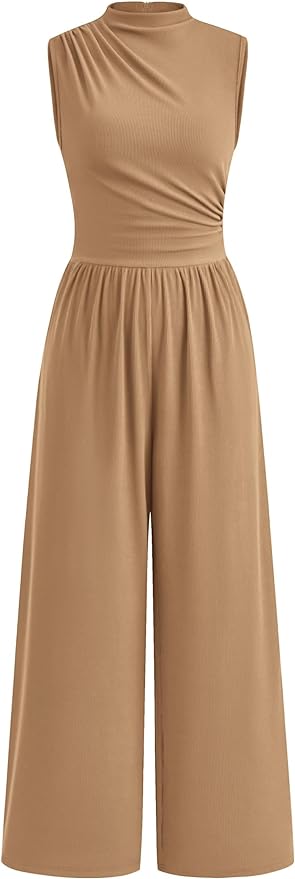 PRETTYGARDEN Womens Summer Jumpsuits Dressy Casual One Piece Outfits Sleeveless Mock Neck Wide Leg Pants Rompers with Pockets