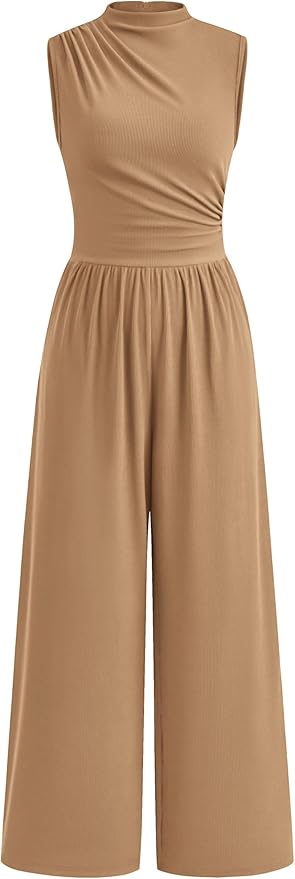 PRETTYGARDEN Womens Summer Jumpsuits Dressy Casual One Piece Outfits Sleeveless Mock Neck Wide Leg Pants Rompers with Pockets