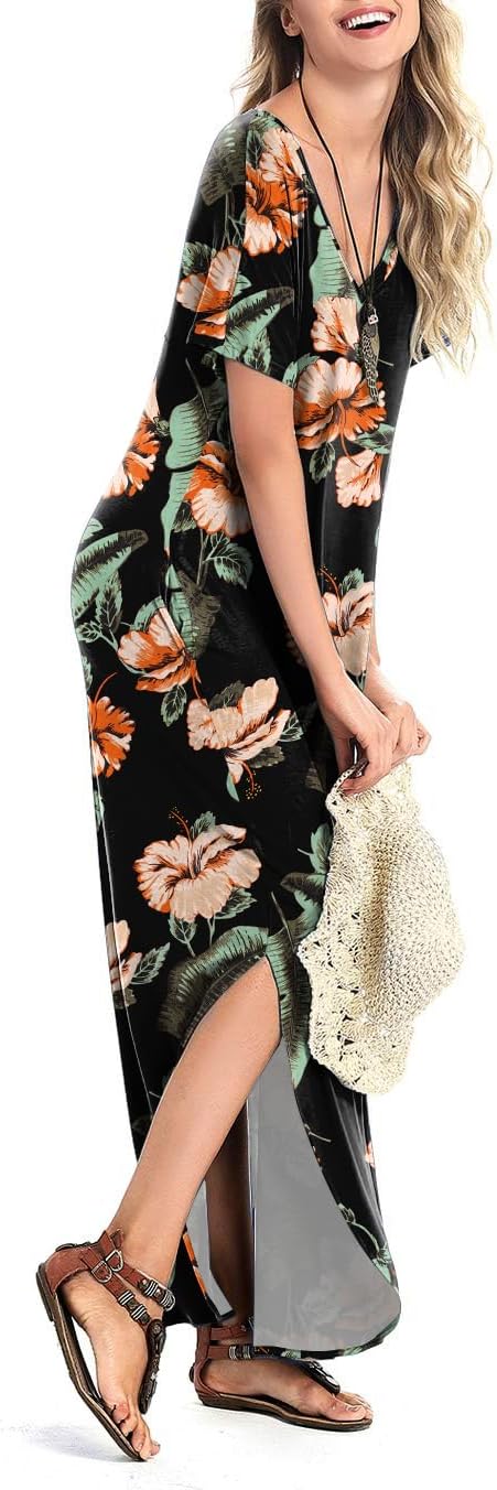 Arolina Women's Summer Maxi Dress Short Sleeve V Neck Casual Loose Long Beach Split Dresses with Pockets