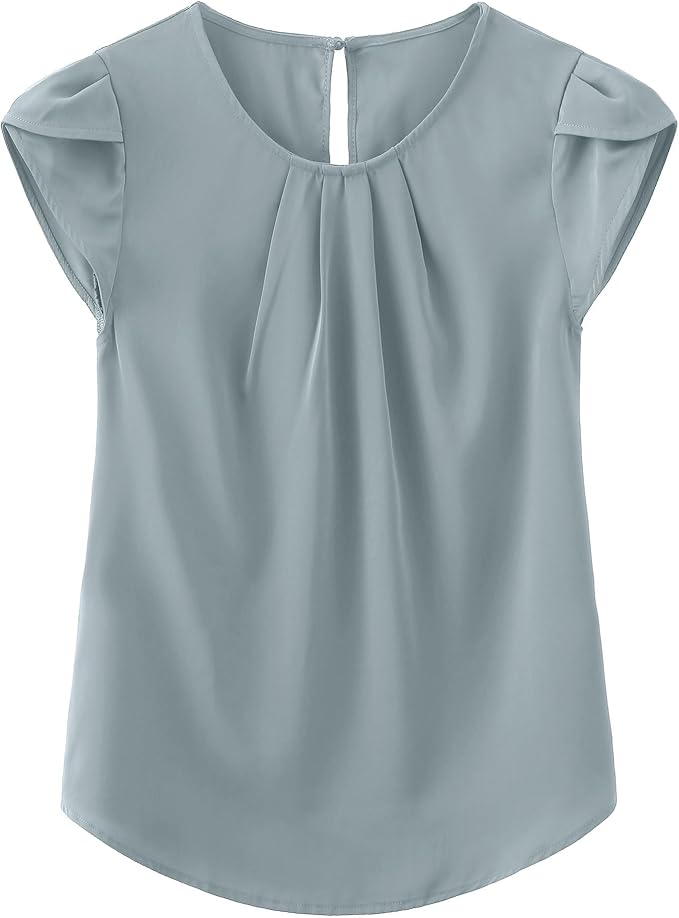 TASAMO Women's Casual Round Neck Basic Pleated Top Cap Sleeve Curved Keyhole Back Chiffon Blouse