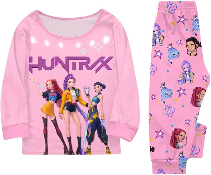 Girls 2 Piece K Pop Singer Outfits Cute Cartoon Graphic Shirts and Pants Casual Tracksuit Fashion Clothing Sets