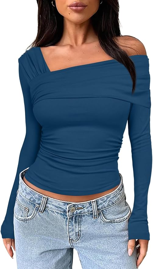 Darong Women's Off Shoulder Tops Y2K Shirt Slim Fit Ruched Crop Top Long Sleeves Spring Fall Blouse Going Out Shirt