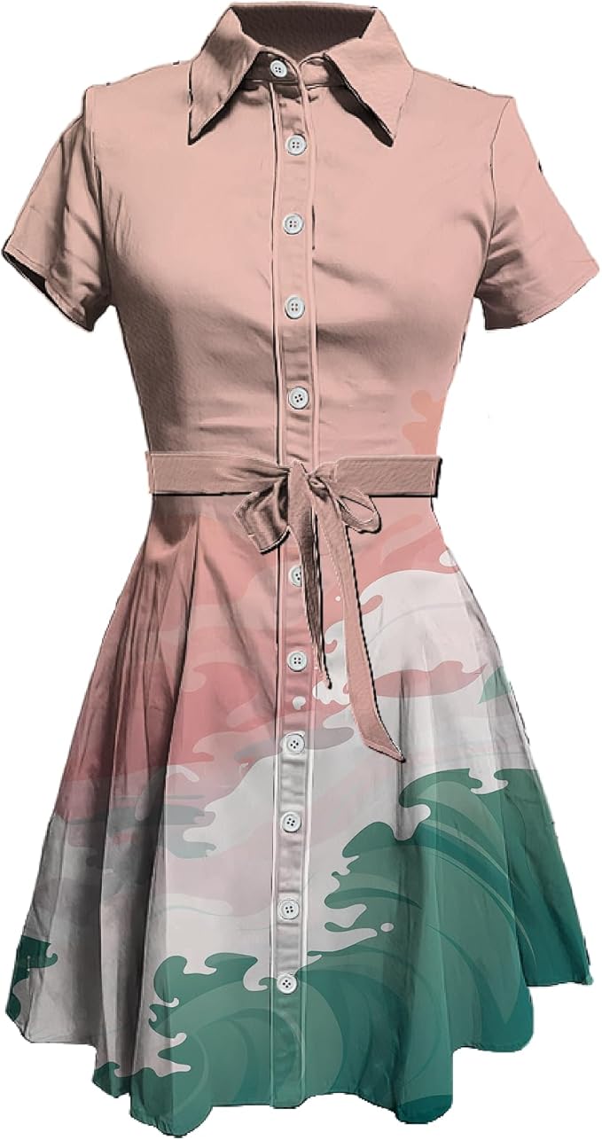 MARSVOVO Japanese Art Shirt Dresses for Women Short Sleeve Ruffle Button Down Tie Waist Trendy Elegant Midi Dress