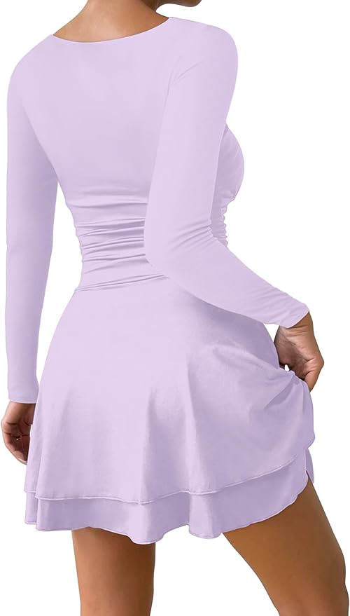 IWD Women's Square Neck Long Sleeve Mini Dress Ruched Corset Waist Tiered Ruffle Hem A Line Short Party Dresses