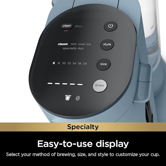 Ninja Pod & Grounds Specialty XL Single-Serve Coffee Maker, K-Cup Pod Compatible, Brews Grounds, Compact Design, Built-In Milk Frother, 68-oz. Reservoir, 6oz. Cup-24oz. Mug Sizes, Denim Blue, PB055ABL