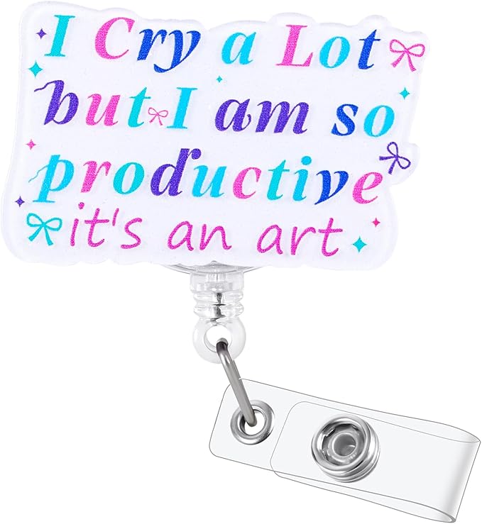 I Cry A Lot But I Am So Productive Funny Nurse Badge Reel, Cute Retractable ID Card Badge Holder, Name Tag Medical Badge Buddy for MA CNA PCA OB/GYN RN Night Shift Nurse Student Friends Social Workers
