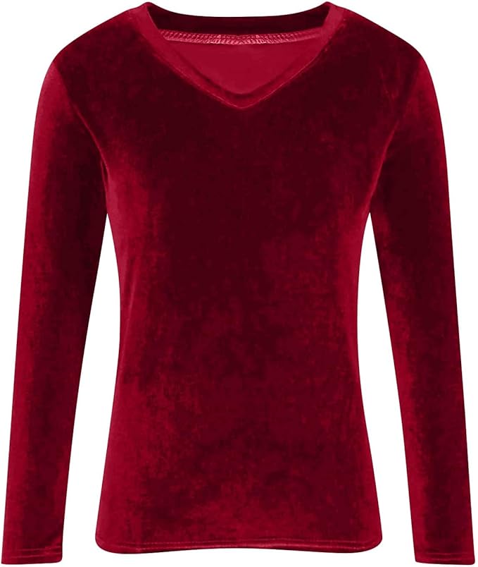 Velvet Tops for Women Dressy Casual V Neck Shirts Loose Fit Vintage Long Sleeve Velour Blouse Solid Holiday Party Outfits
