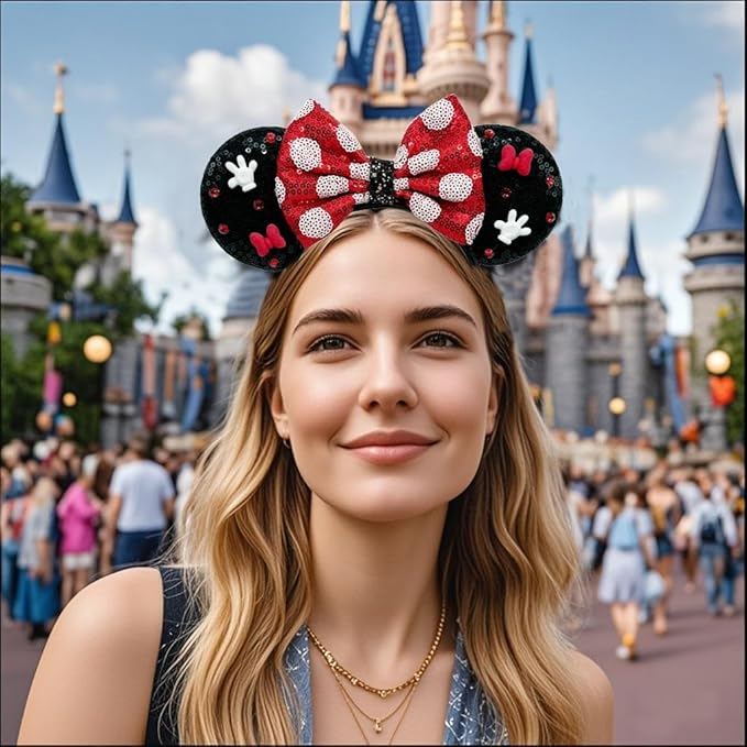 WW-WONDERFULWORLD Shiny Mouse Ears Headbands With Sequin Polka Dot Bow & Diamond, Black and Red, Glitter Party Costume Accessory, Park Cosplay