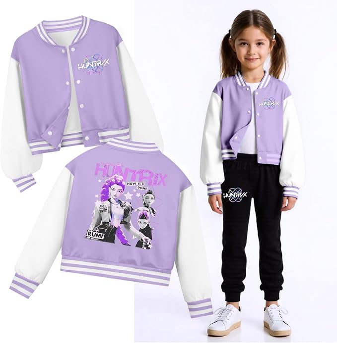 K PopGirls Kpop Tracksuit Cute Cartoon Print Baseball Coats Fashion Long Sleeve Jackets and Pants Christmas Costume Set