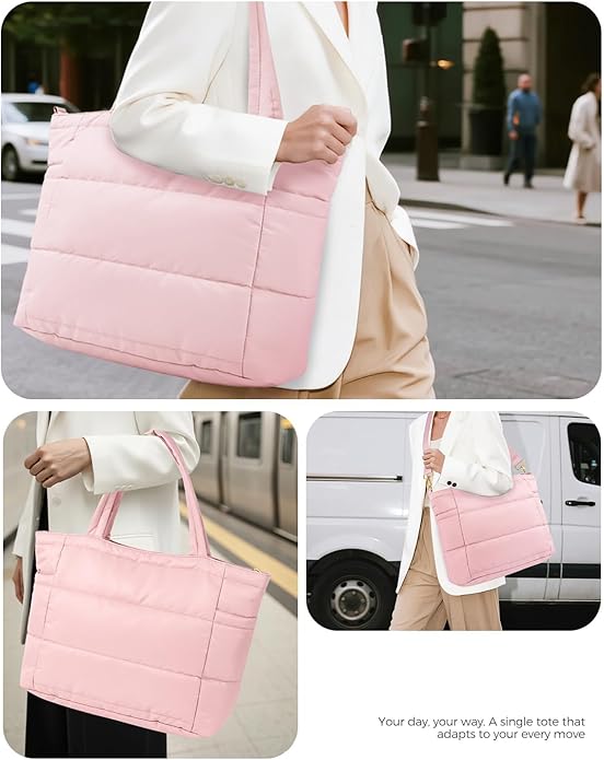 Moyad Puffy Tote Bag for Women with Zipper, Lightweight Quilted Bags Shoulder Handbag for Work, Travel, Gym, Nurse, Teacher