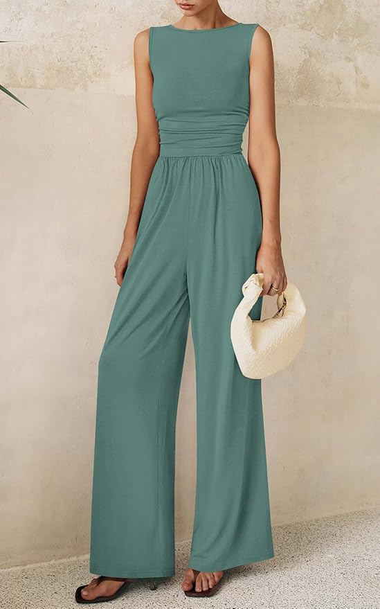 PRETTYGARDEN One Piece Jumpsuits for Women Dressy Casual Sleeveless Crewneck Wide Leg Rompers Jumpers Vacation Summer Outfits