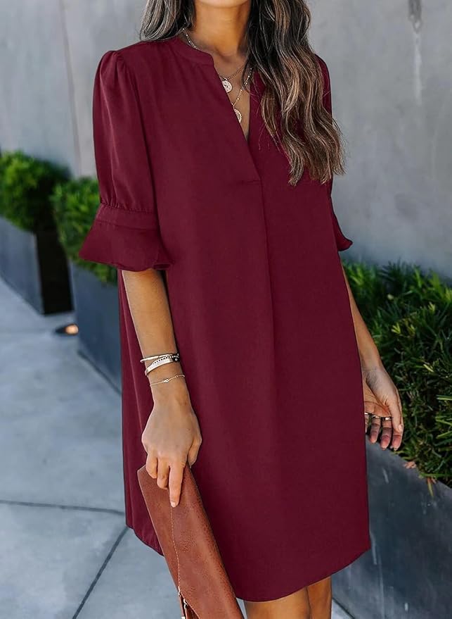 Wkior Shift Dress for Women V Neck Short Sleeves Solid Color Casual Flowy Summer Dresses(S-2XL)