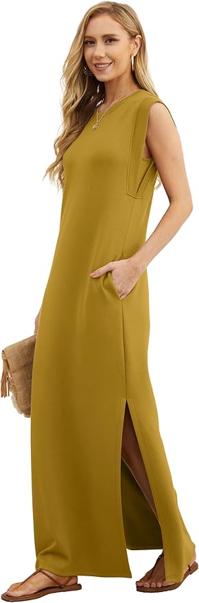 GRECERELLE 2026 Women Year-Round Casual Round Neck Loose Split Wrinkle-Free Long Maxi Vacation Dress with Pockets (XXS-4XL)