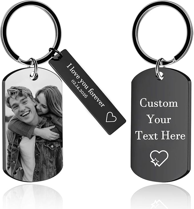 RSQGT Personalized Custom Keychain with Picture - Double Sided Engraving Photo Text Customized Key Chains for Men Boyfriend