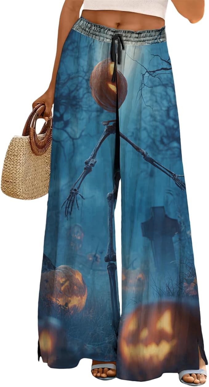 domirica Halloween Pants Women Drawstring Elastic Waist Wide Leg Pants Ladies Pumpkin Ghost Pajama Vintage Street Wear