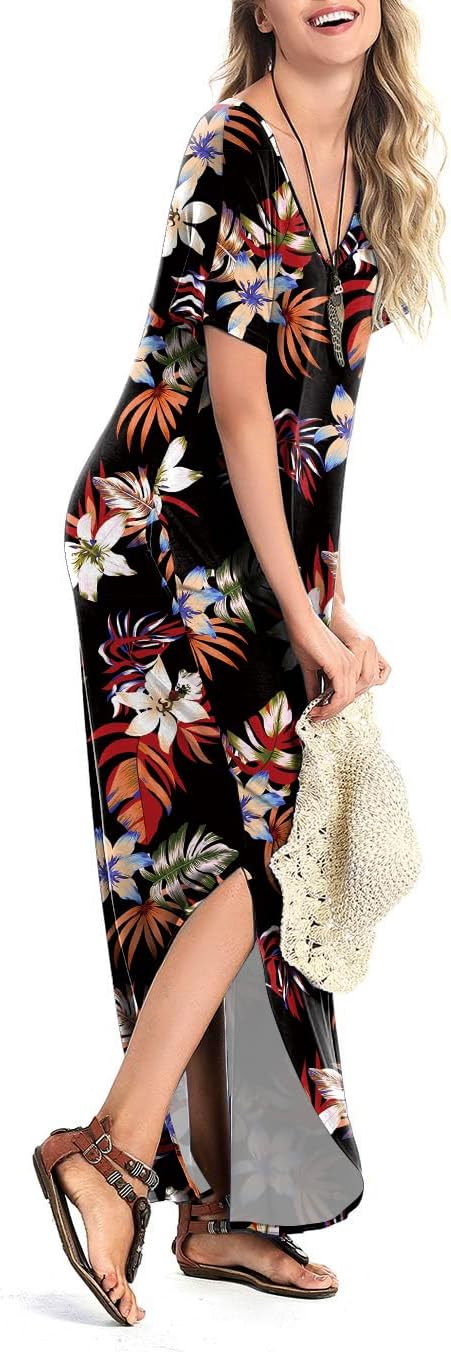 Arolina Women's Summer Maxi Dress Short Sleeve V Neck Casual Loose Long Beach Split Dresses with Pockets