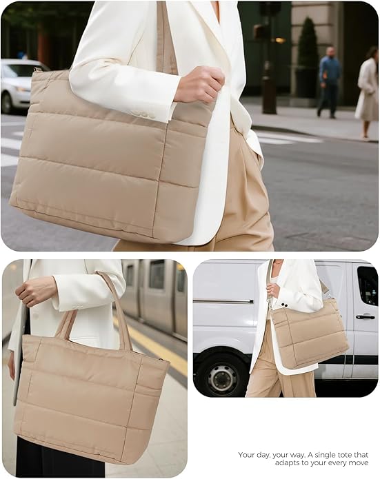 Moyad Puffy Tote Bag for Women with Zipper, Lightweight Quilted Bags Shoulder Handbag for Work, Travel, Gym, Nurse, Teacher