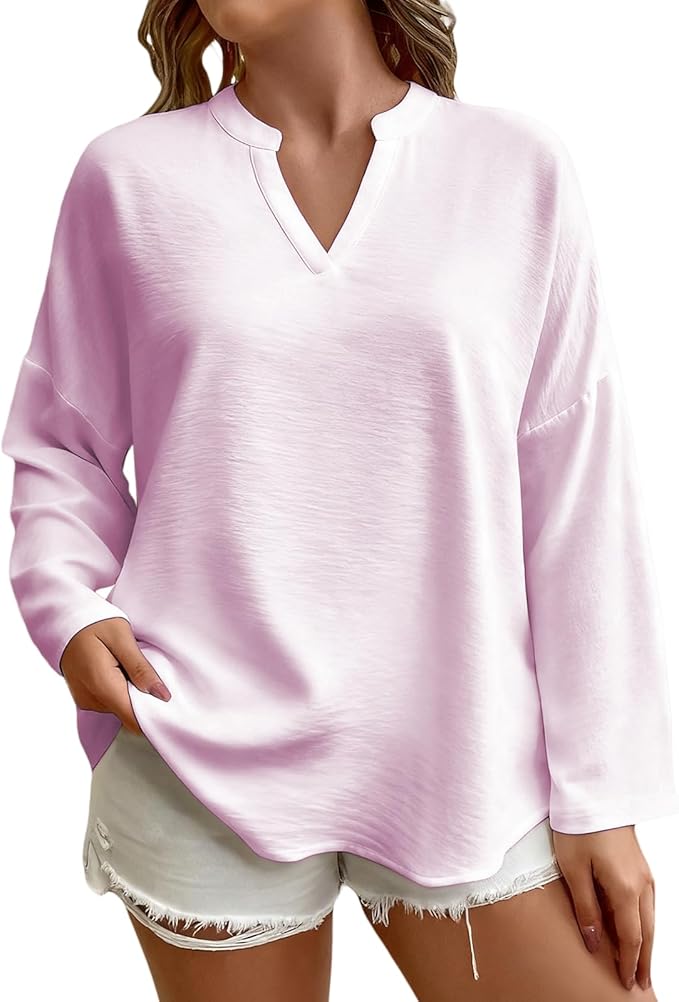 Elegant Shirts for Women Solid Color Long Sleeve V Neck Blouses Loose Comfy Business Work Casual Pullover Tops