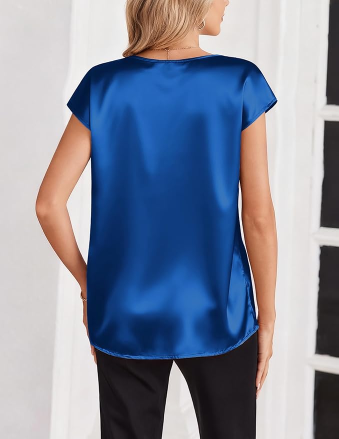 Zeagoo Women Silk Satin Tops Cap Short Sleeve Blouse V Neck Shirts Business Casual Outfits S-2XL