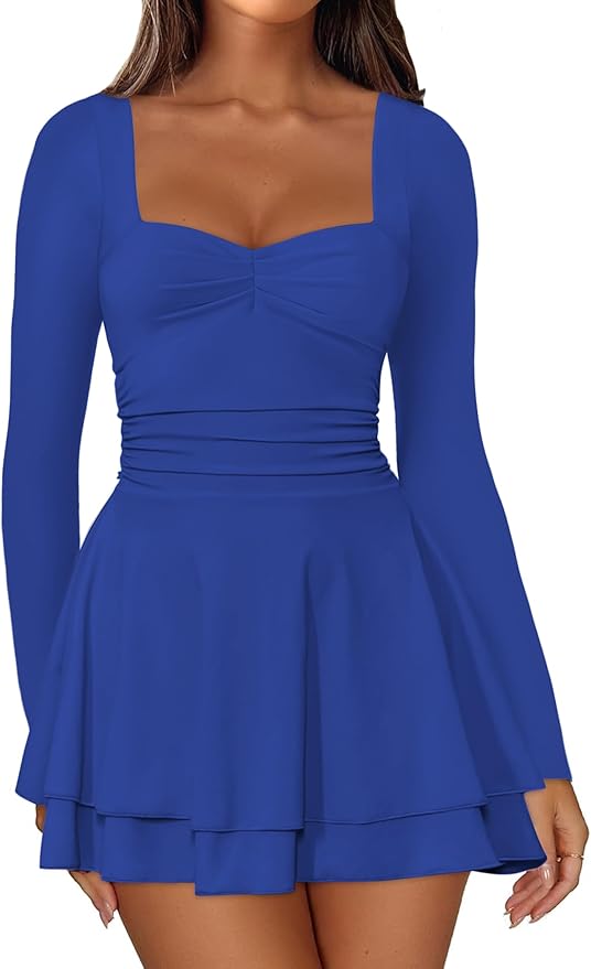 IWD Women's Square Neck Long Sleeve Mini Dress Ruched Corset Waist Tiered Ruffle Hem A Line Short Party Dresses