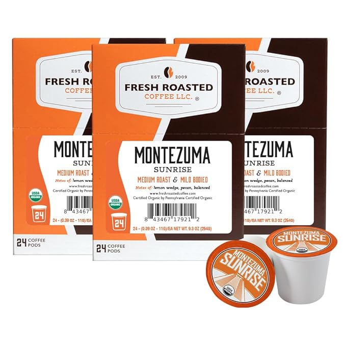 Fresh Roasted Coffee, Organic Montezuma Sunrise | USDA Organic, Kosher | Medium Roast 72 Pods for K Cup Brewers
