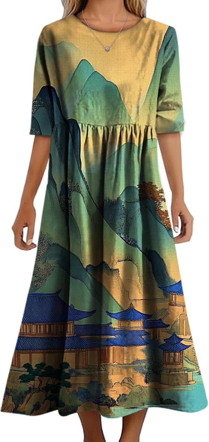 MARSVOVO Trendy Dresses for Women 2025 Classic Fairy Flowy Sundress Relaxed Fit Dress with Side Pockets