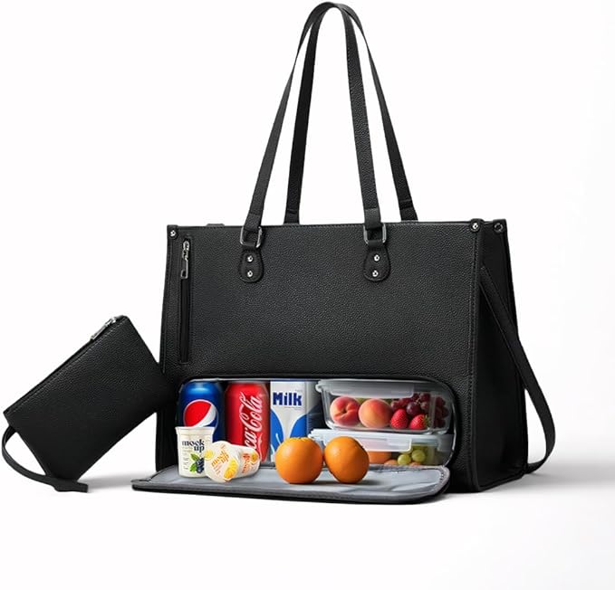 Women's Lunch Tote Bag with Insulated Cooler Compartment, 2-in-1 Large Work Shoulder Bag with Matching Clutch, PU Leather Meal Prep Handbag for Office, Teacher & Nurse - Black