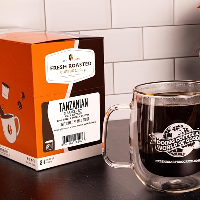 Fresh Roasted Coffee, Tanzanian Peaberry, Light Roast, 24 Pods for K Cup Brewers