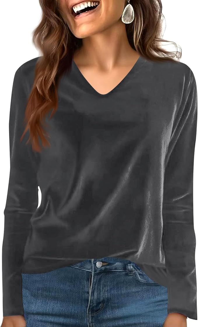 Velvet Tops for Women Dressy Casual V Neck Shirts Loose Fit Vintage Long Sleeve Velour Blouse Solid Holiday Party Outfits