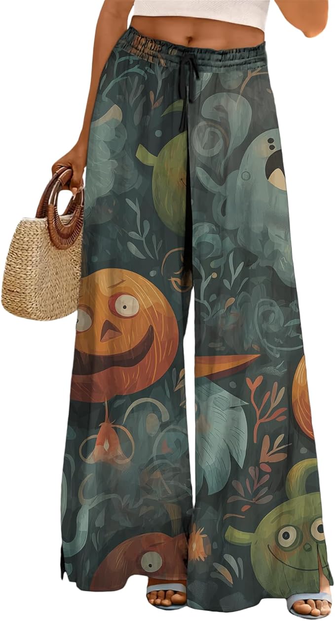 domirica Halloween Pants Women Drawstring Elastic Waist Wide Leg Pants Ladies Pumpkin Ghost Pajama Vintage Street Wear