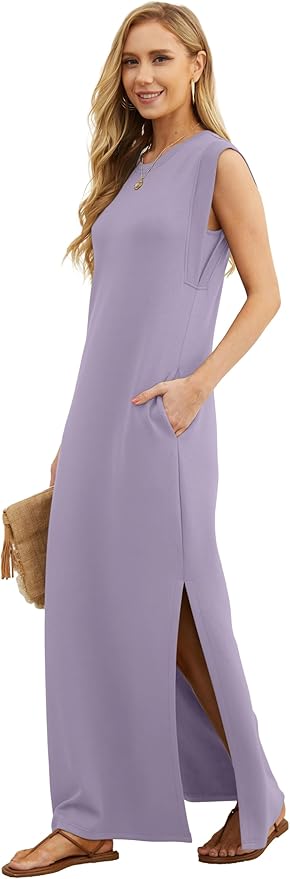 GRECERELLE 2026 Women Year-Round Casual Round Neck Loose Split Wrinkle-Free Long Maxi Vacation Dress with Pockets (XXS-4XL)