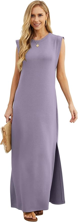 GRECERELLE 2026 Women Year-Round Casual Round Neck Loose Split Wrinkle-Free Long Maxi Vacation Dress with Pockets (XXS-4XL)
