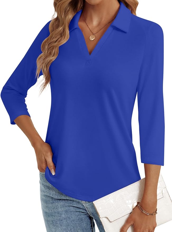 3/4 Length Sleeve Womens Tops Dressy Casual V Neck Polo Shirts Business Work Blouses 2025 Trendy Tunic Top