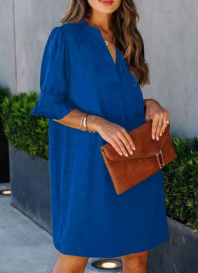 QACOHU Summer Dresses for Women V Neck Ruffle Short Sleeve Casual Shift Dress